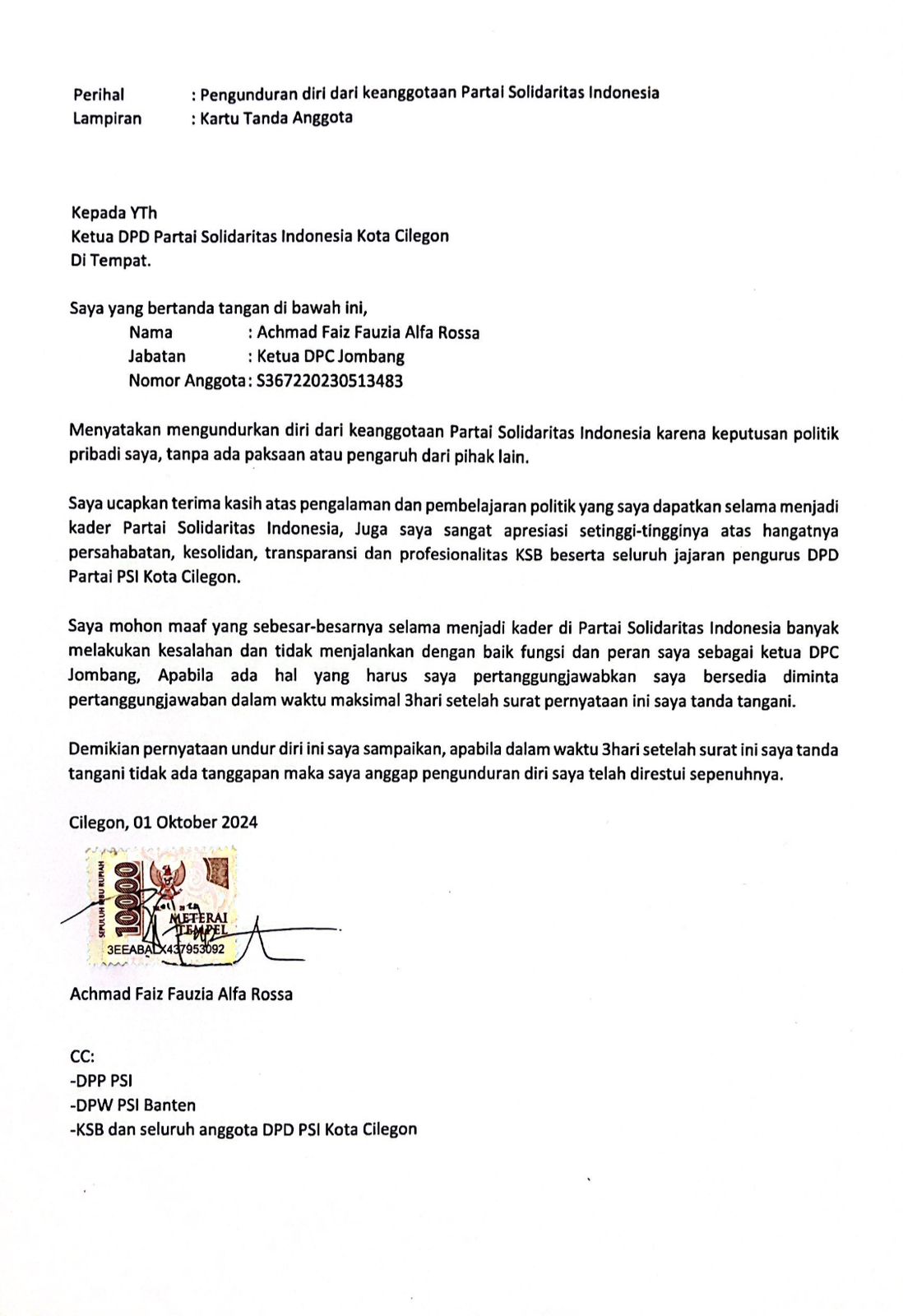 Achmad Faiz Fauzia Mengundurkan Diri Dari Partai PSI Cilegon