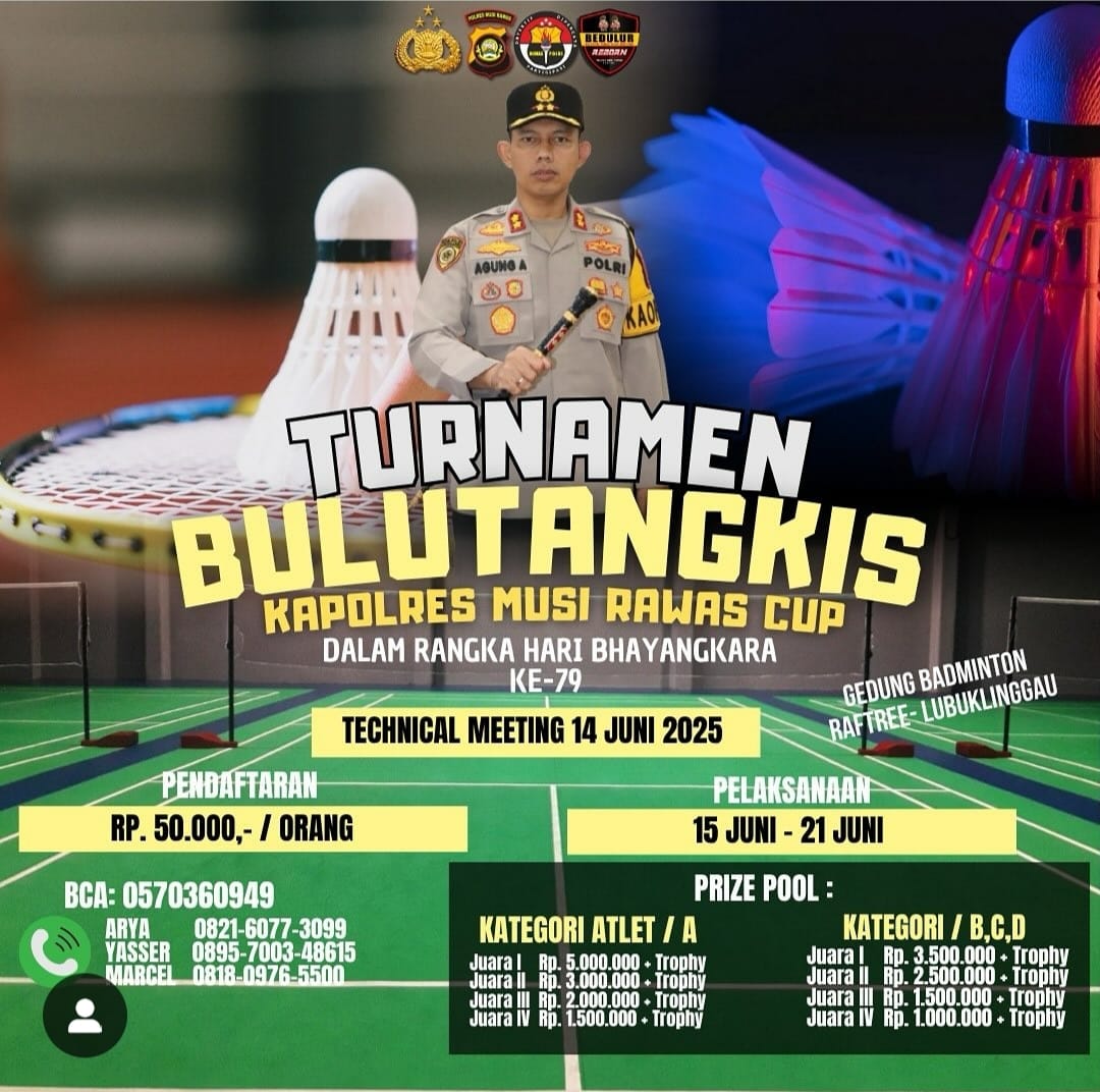 Semangat Sportivitas di Hari Bhayangkara Ke-79, Polres Musi Rawas Gelar Turnamen Bulutangkis Kapolres Musi Rawas Cup