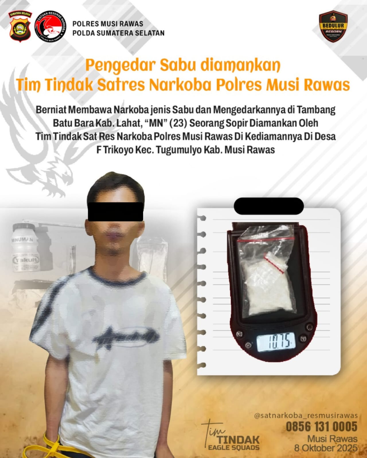 Reserse Narkoba Polres Musi Rawas Berhasil Tangkap Pelaku Pengedar Narkoba Jenis Sabu