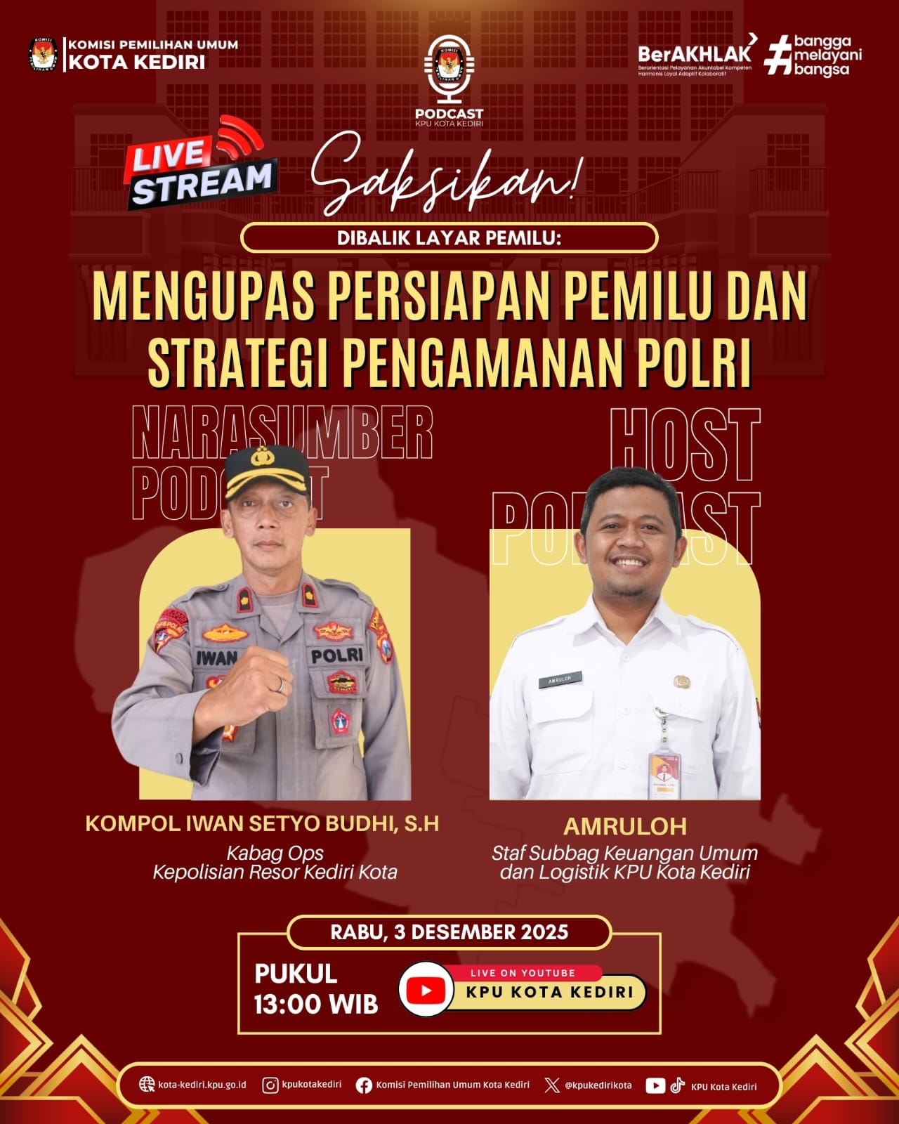 Kabag Ops Polres Kediri Kota Jadi Narasumber dalam Podcast KPU Bertajuk ‘ Mengupas Persiapan Pemilu dan Strategi Pengamanan Polri ‘