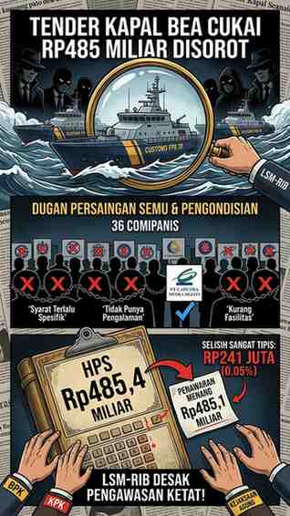Tender Kapal Patroli Bea Cukai Rp485 Miliar Disorot, LSM-RIB Kritik Dugaan Persaingan Semu dan Potensi Pengondisian Tender Tender Kapal Patroli Bea Cukai Rp485 Miliar Disorot, LSM-RIB Kritik Dugaan Persaingan Semu dan Potensi Pengondisian Tender