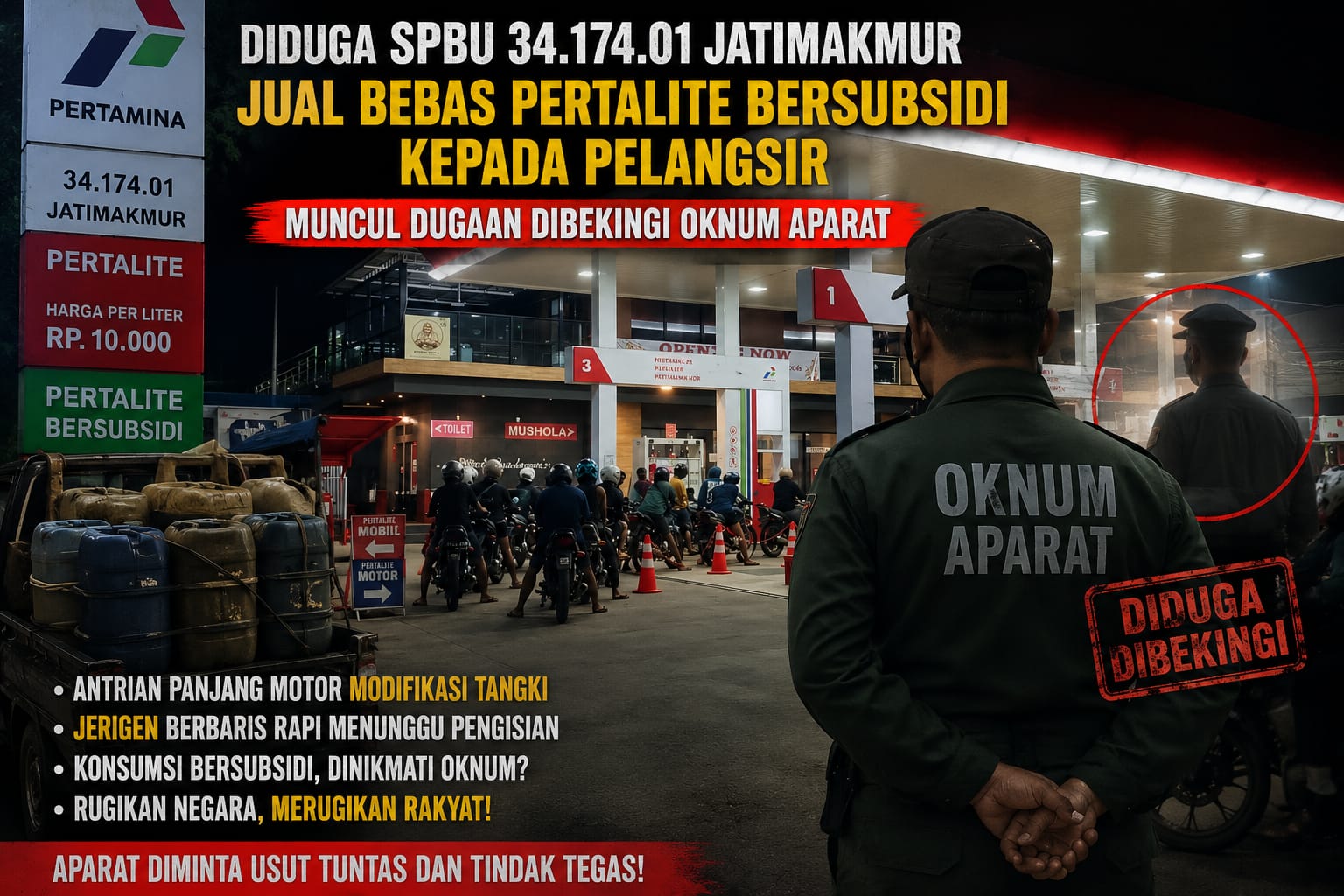 Diduga SPBU 34.174.01 Jatimakmur Jual Bebas Pertalite Bersubsidi kepada Pelangsir, Muncul Dugaan Dibekingi Oknum Aparat