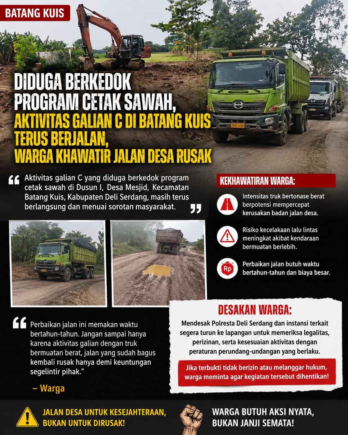 Diduga Berkedok Program Cetak Sawah, Aktivitas Galian C di Batang Kuis Terus Berjalan, Warga Khawatir Jalan Desa Rusak