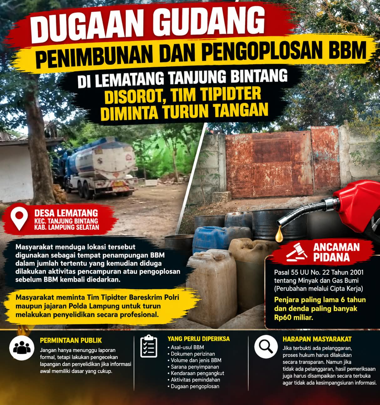 Dugaan Gudang Penimbunan dan Pengoplosan BBM di Lematang Tanjung Bintang Disorot, Tim Tipidter Diminta Turun Tangan