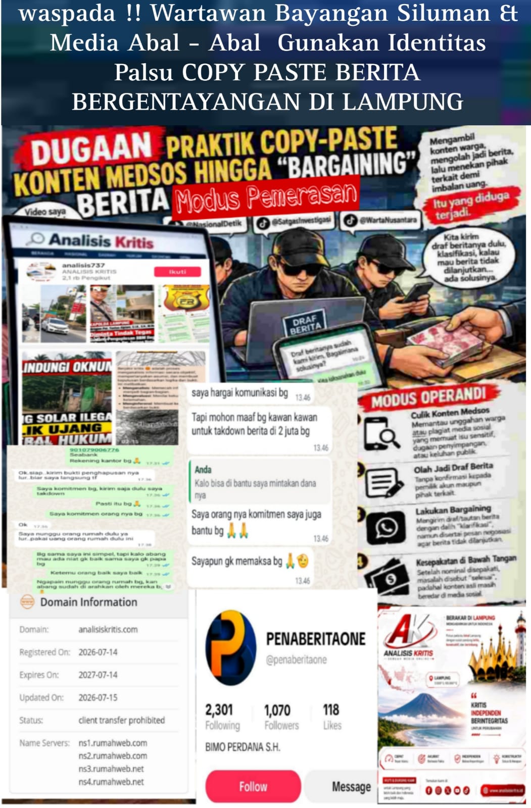 WASPADA Dugaan Pemerasan Modus Tekdown !! Media Analisis Krisis Kerap Copy Paste Diduga Tidak Memiliki legalitas Resmi 